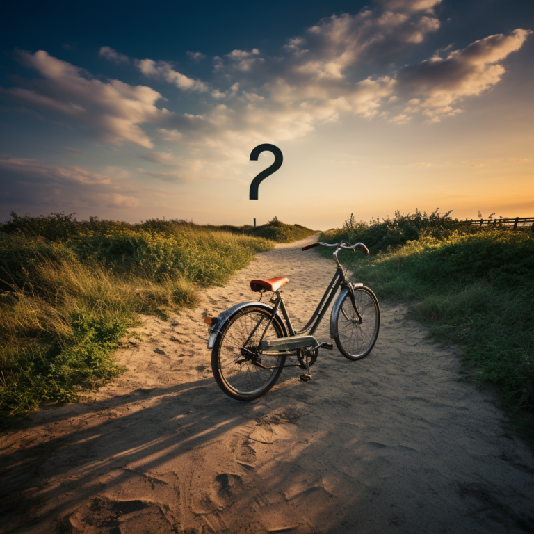 An abstract image of a bicycle leading down a path towards a question mark, indicating that the traveler is heading towards myths about bicycle accidents.