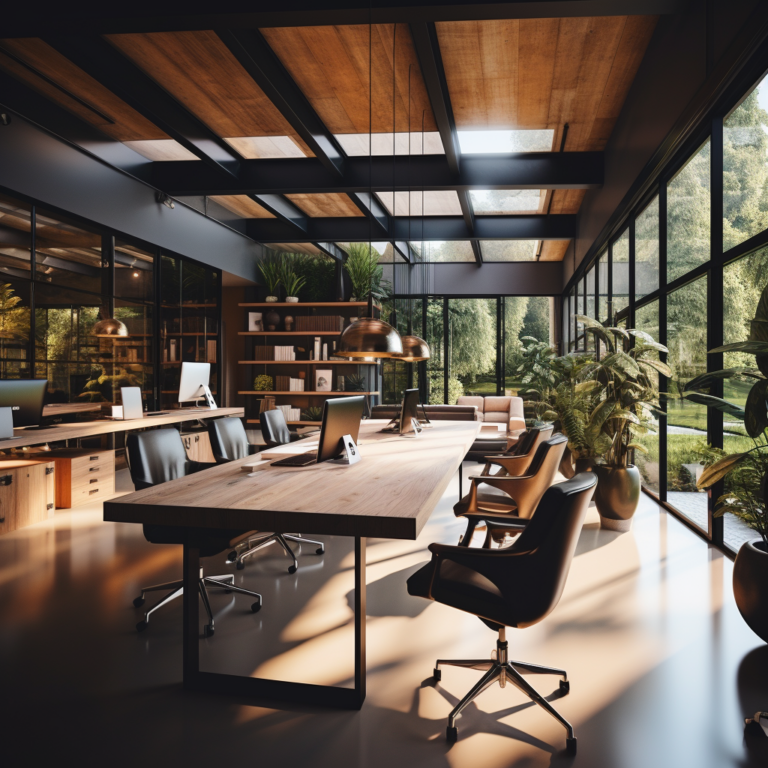 An image of a serene office space with plants, comfortable seating, and wellness resources.
