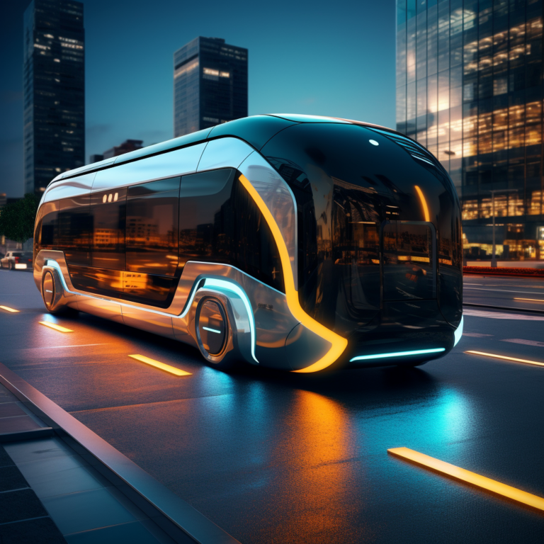 A futuristic bus equipped with advanced safety features, indicating what the future of Bus Transportation Safety Might look like.