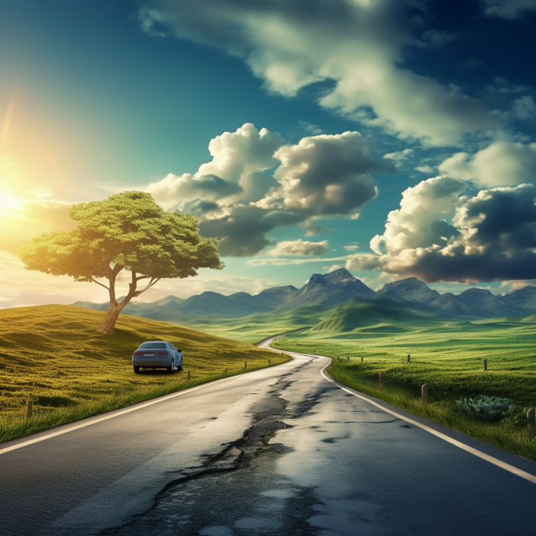 Image of a calming landscape with a car driving down a road leading toward the horizon, demonstrating the Psychological Effects Car Accidents and indicating the ability to achieve mental health recovery.