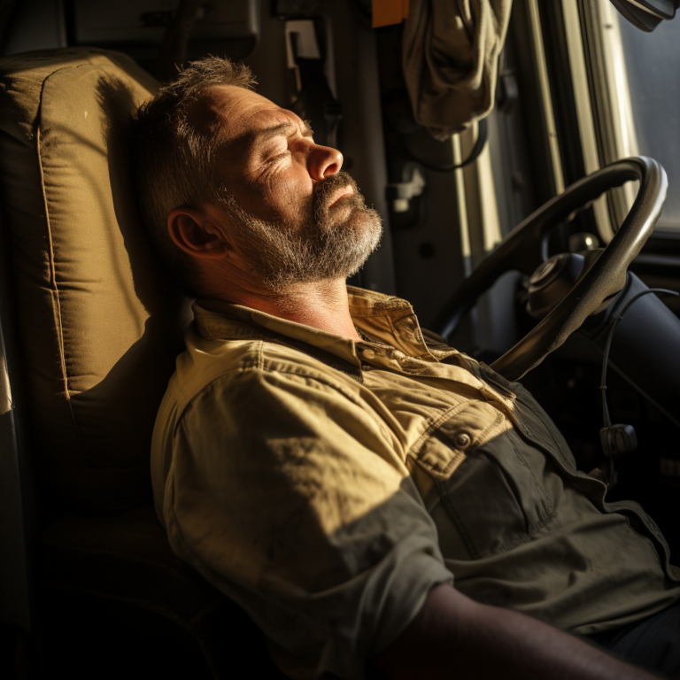 Image of a tired truck driver with a warning sign, indicating "Driver Fatigue Truck Accidents".