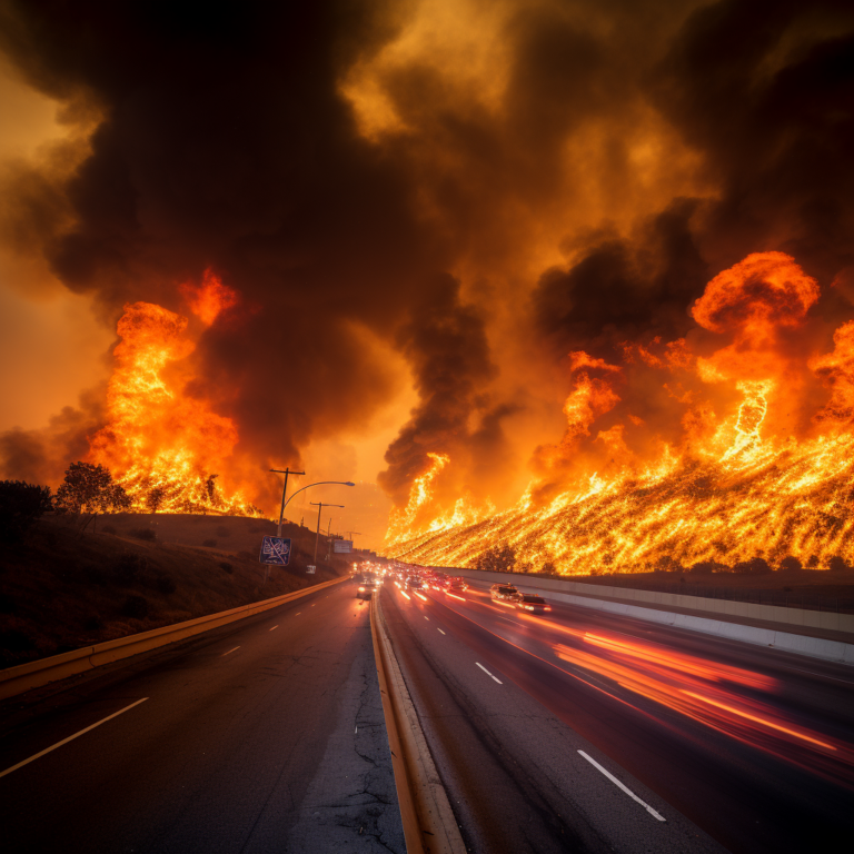 Wildfire crossing a highway which would prompt the need to hire a wildfire lawyer to ensure you recover a settlement to the fullest amount possible.