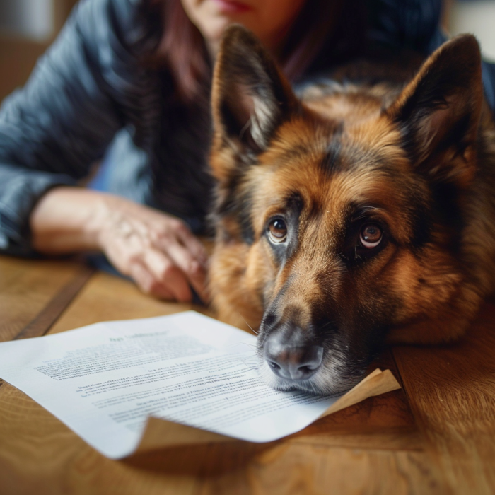 A sad dog in front of Essential Documents You Need for Your Dog Bite Claim that Goldfaden Lawcan help with.