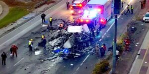 Truck accident with emergency responders at the scene.