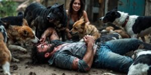 Man being bitten by dogs while saving a woman.