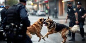 Dog charging at man with police nearby.