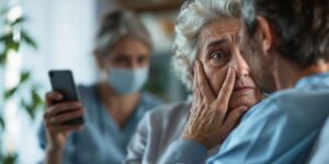 Elderly resident looking distressed in nursing home.